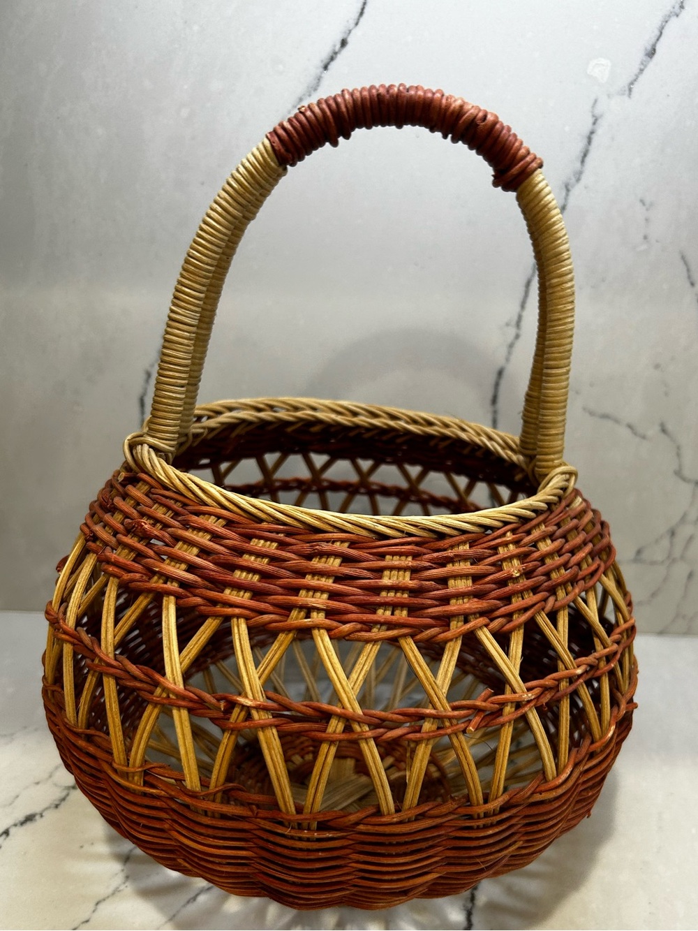 Vintage Brick Red and Blonde Woven Basket with Handle